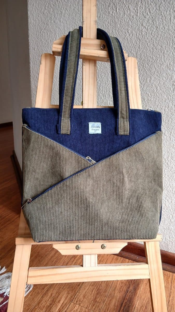 The Zippy Tote - Green Navy Corduroy