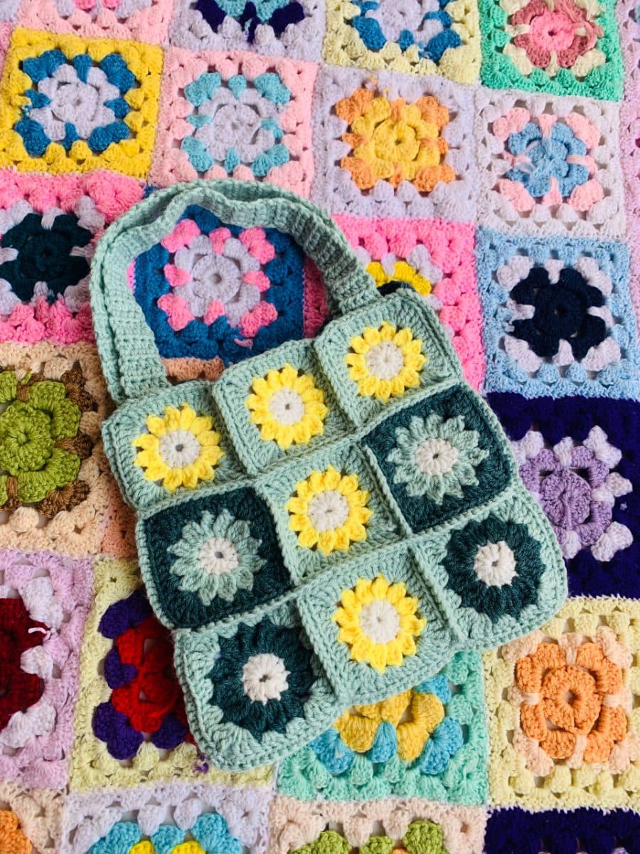 Handmade Sage Green Sunflower Crochet Bag
