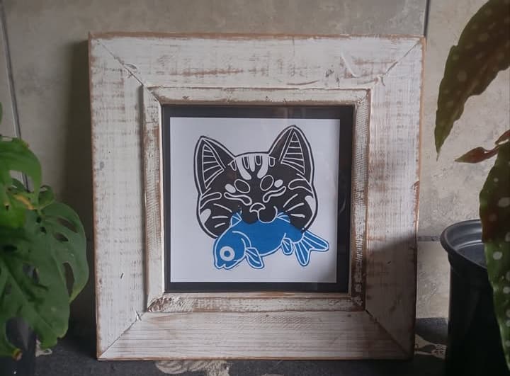 Japanese Style Cat and Fish Lino Print (Unframed), image 1