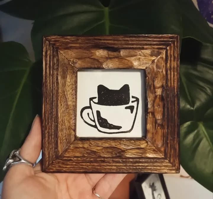 Coffee Cup Cat Lino Print (Unframed)