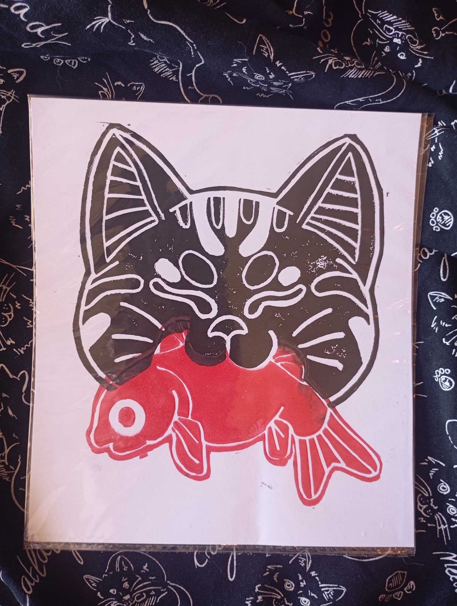 Japanese Style Cat and Fish Lino Print, image 1