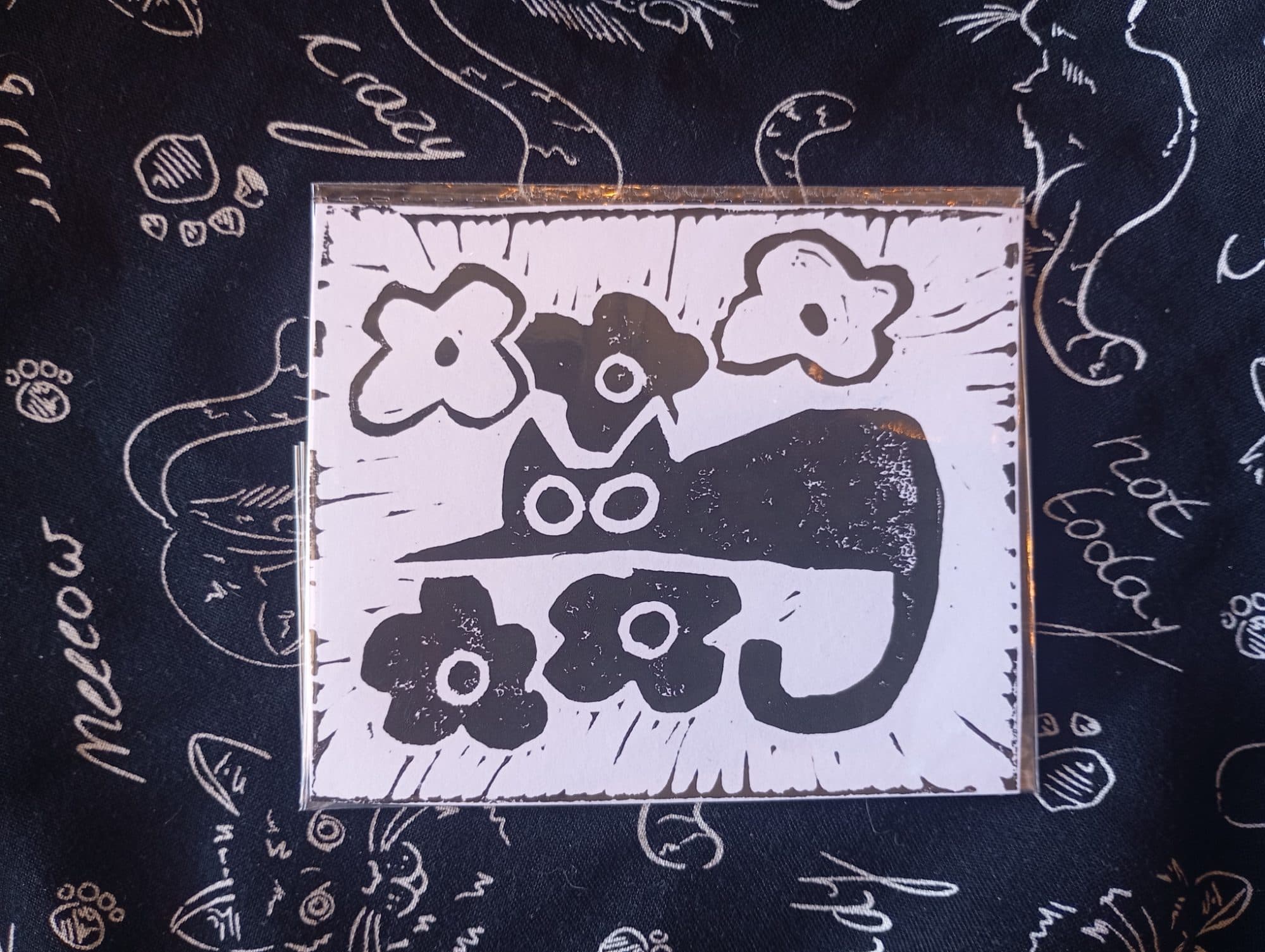 Cat Hidden in Flowers Lino Print, image 1