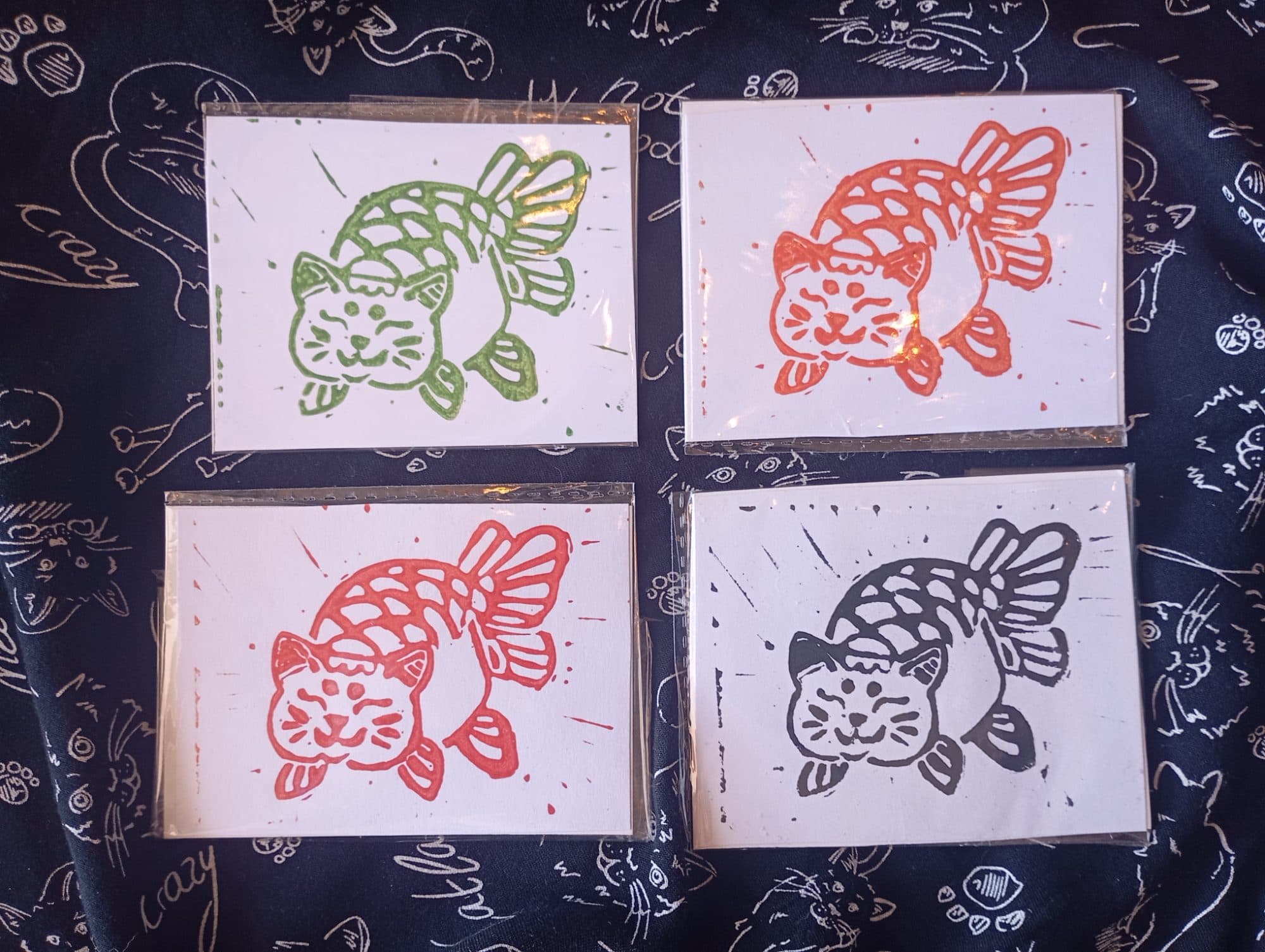 Japanese Style Cat Fish Lino Print, image 1
