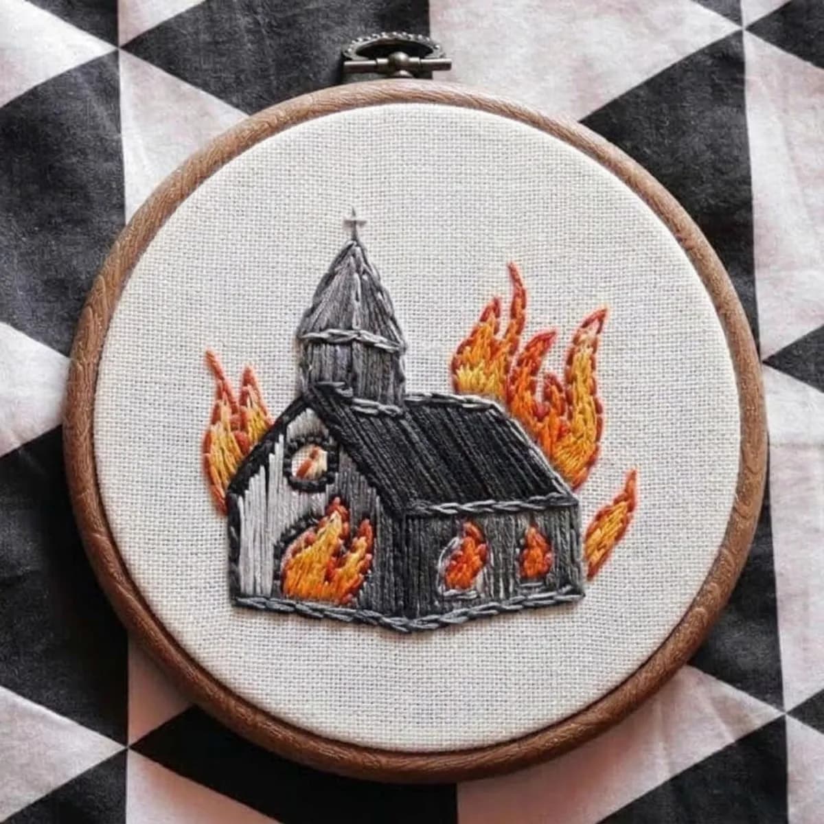 "Burning Church" - 100% Handmade Embroidered Art, image 1