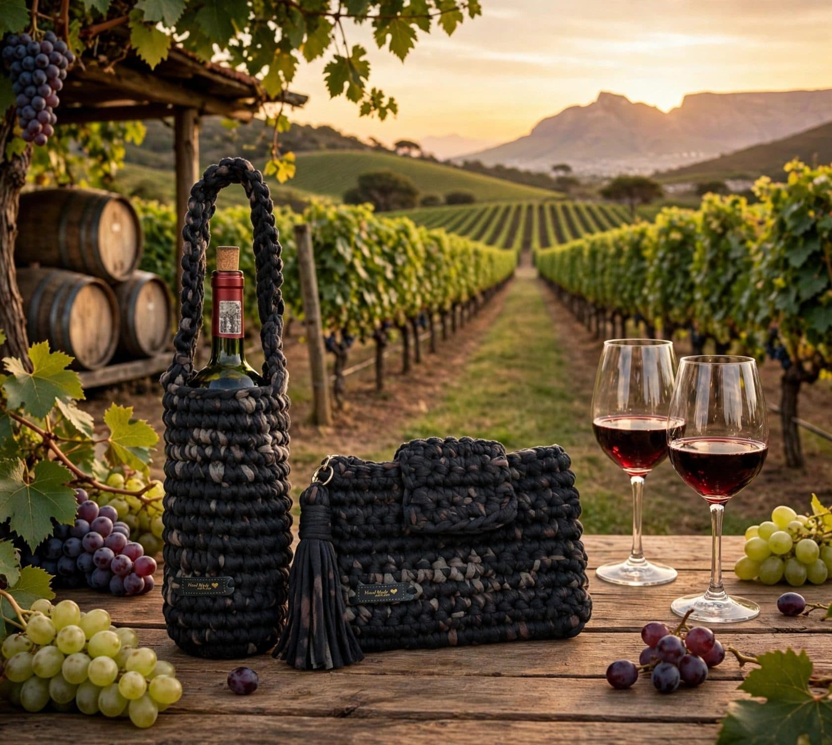 Wine Lover Gift Set - Handmade Crochet Wine Bottle Bag + Phone Pouch with Tassels - Blue