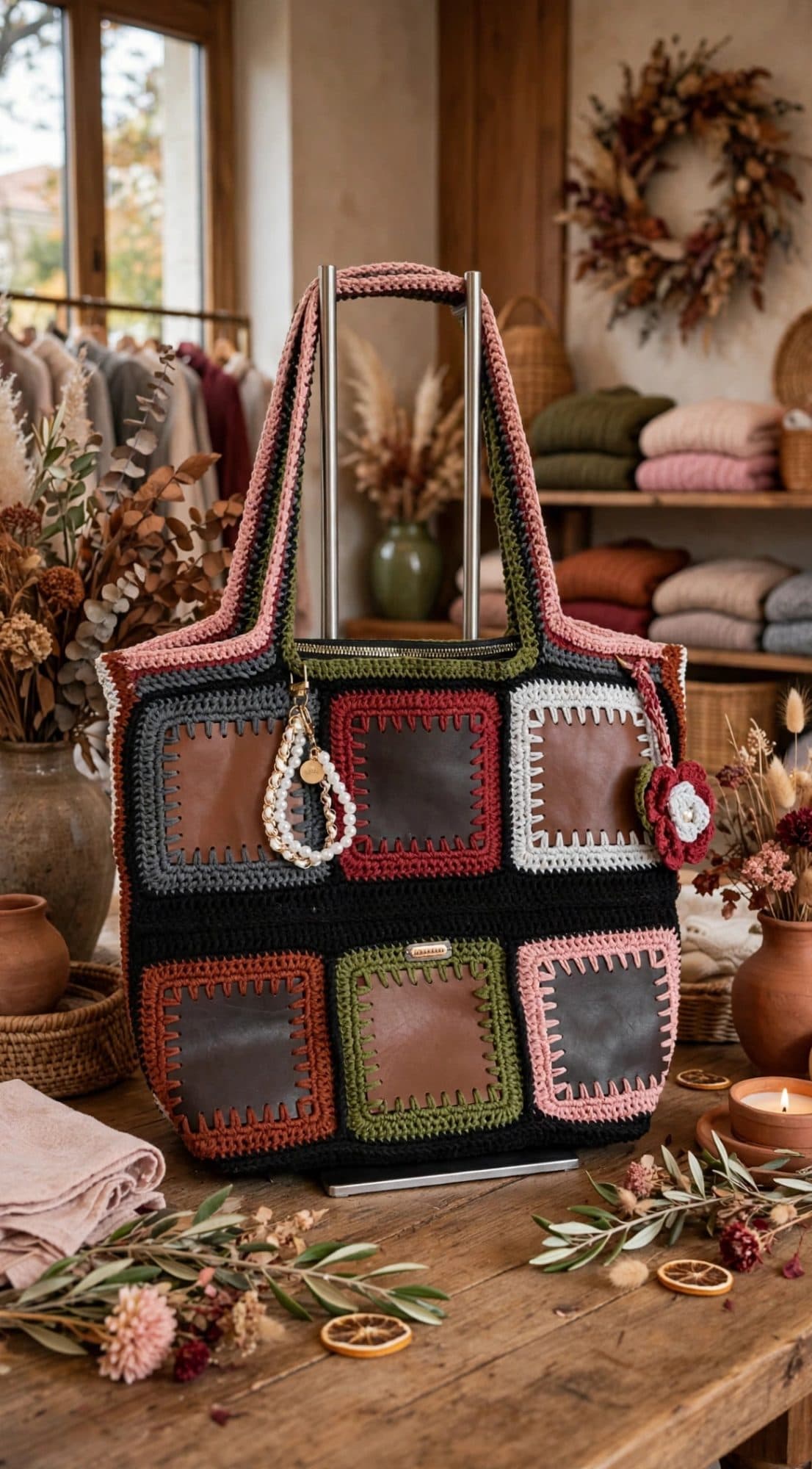 Brown Crochet Shoulder Bag - Handmade Macrame Bag with Tassel - Boho Chocolate Brown Bag