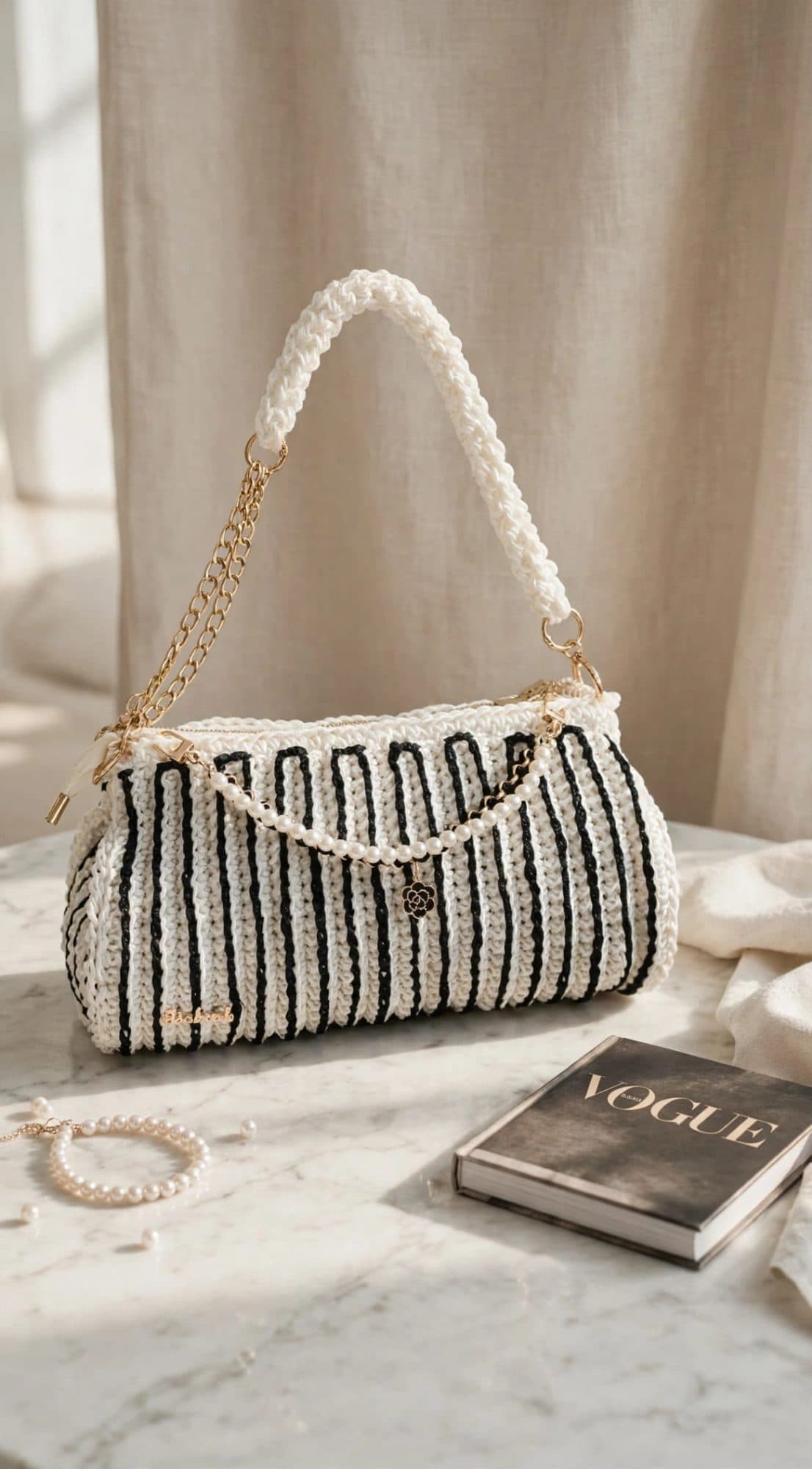 Chanel Inspired Pearl Stripe Bag - Black & White Handmade Crochet
