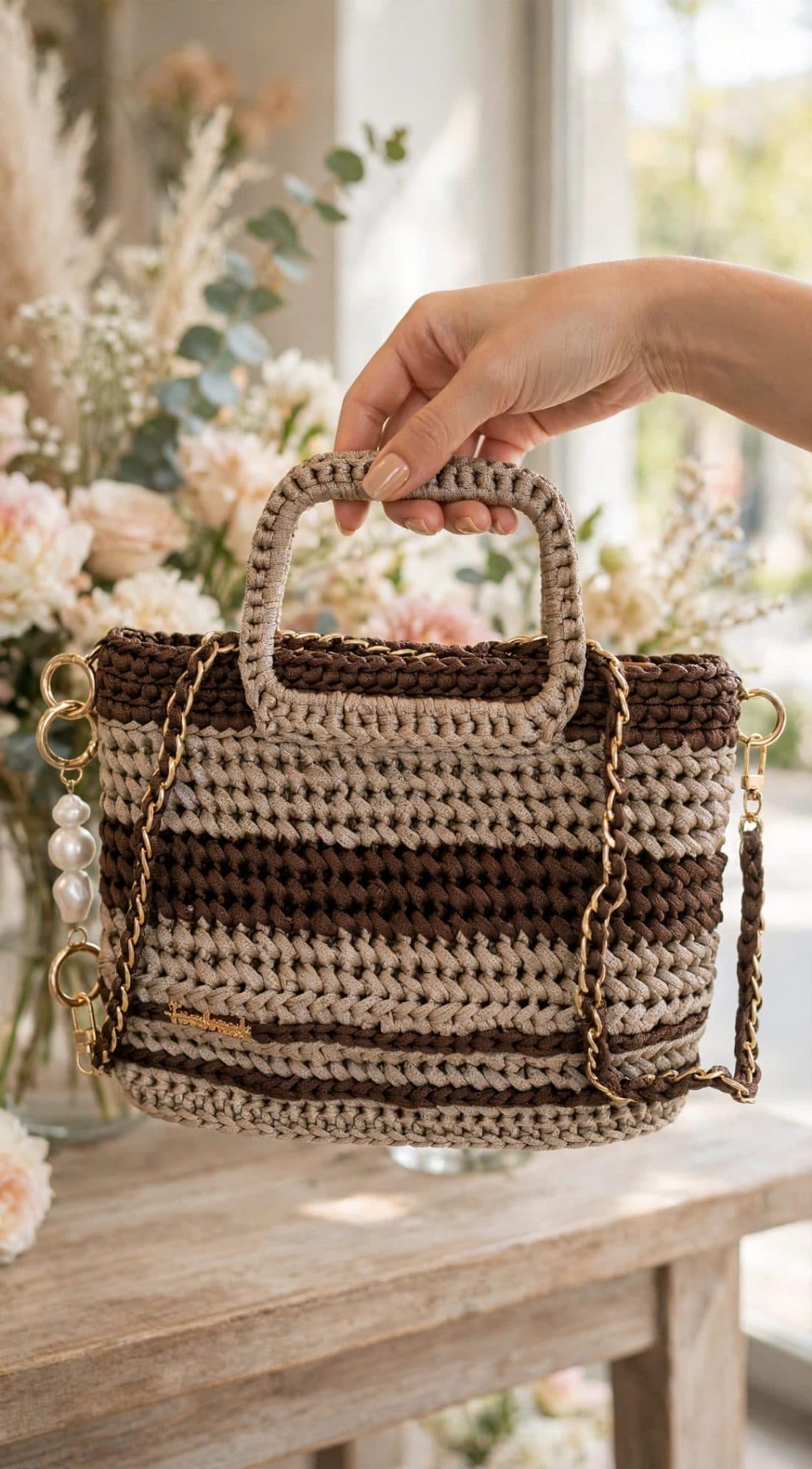 Mocha Pearl Chain Luxury Crochet Bag 25x20cm - Handmade with Tassel - R950
