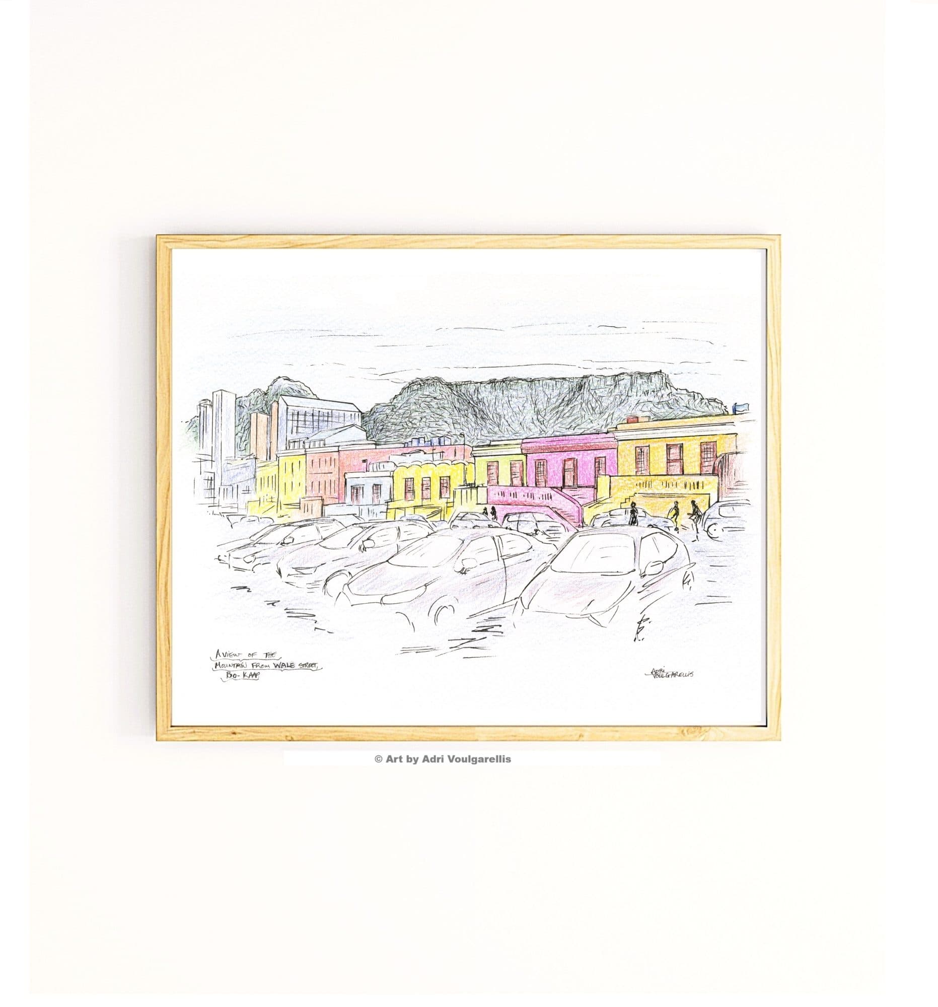 Bo Kaap, Table Mountain & Cars, Cape Town Art Print: Ink and Lightly Colored Pencil Sketch, Cityscape Art (Open Edition print)