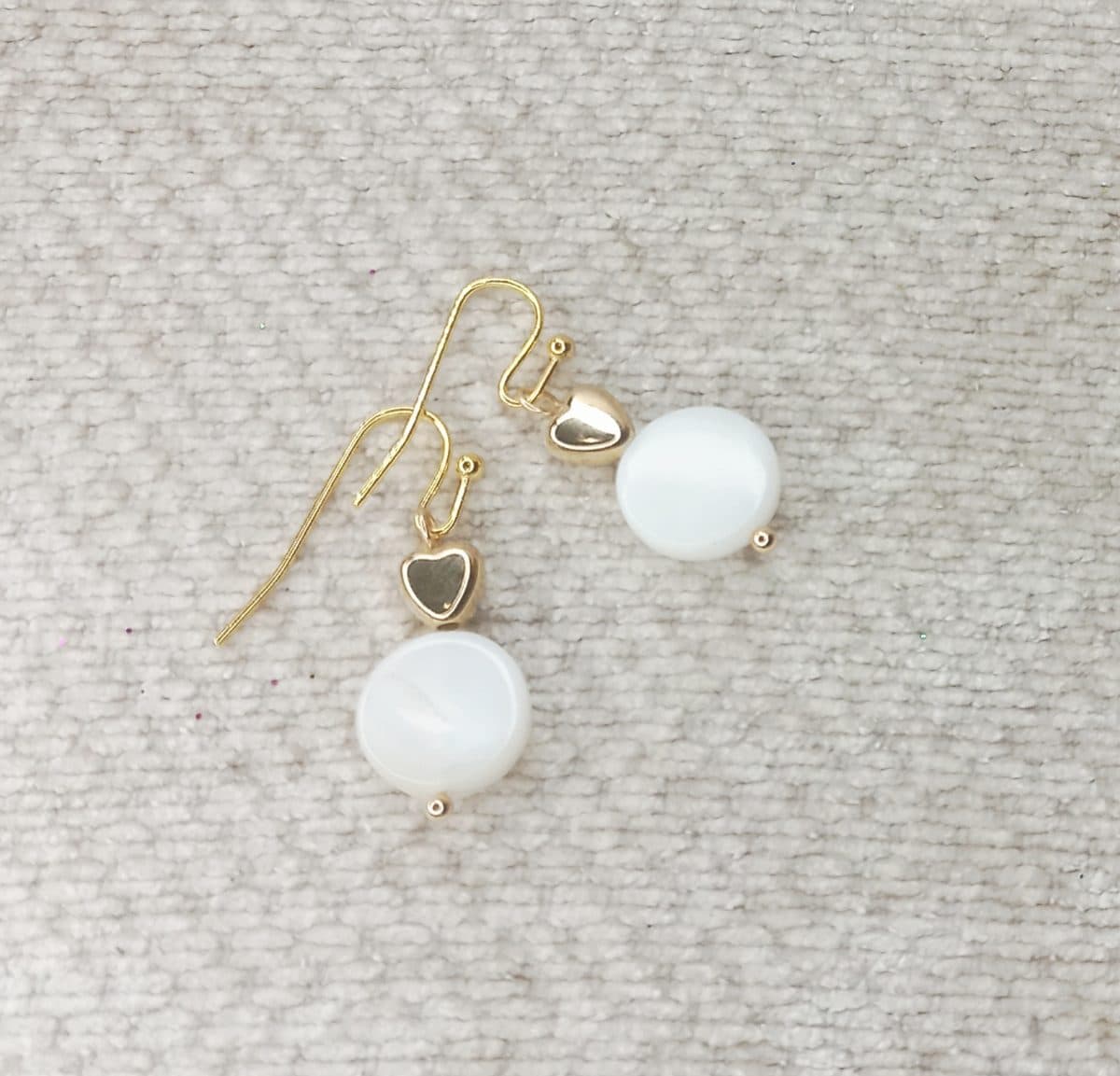 Golden Heart & White Shell Earrings