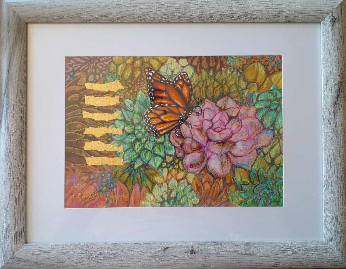 Original Acrylic and Mixed Media Framed Painting, "Butterfly with Succulents"