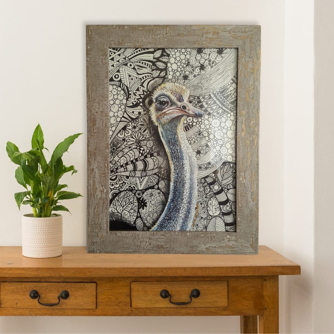 "Ostrich Portrait" Original Painting, Framed