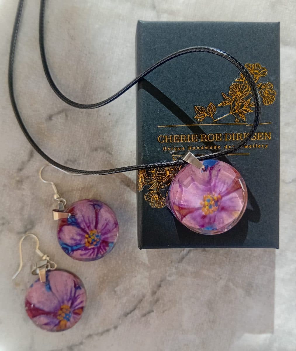 Hand-Painted Pink Cosmos Flower Necklace and Earrings Set, One-Of-A-Kind