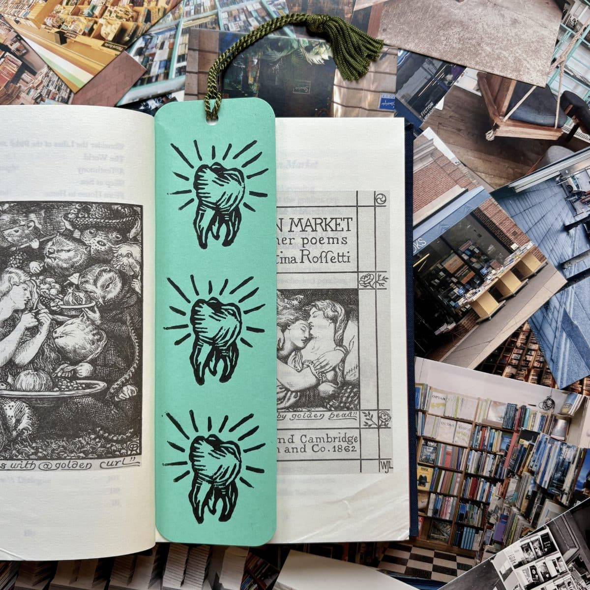 LINO PRINTED BOOKMARK | 3 Wise Teeth - Teal