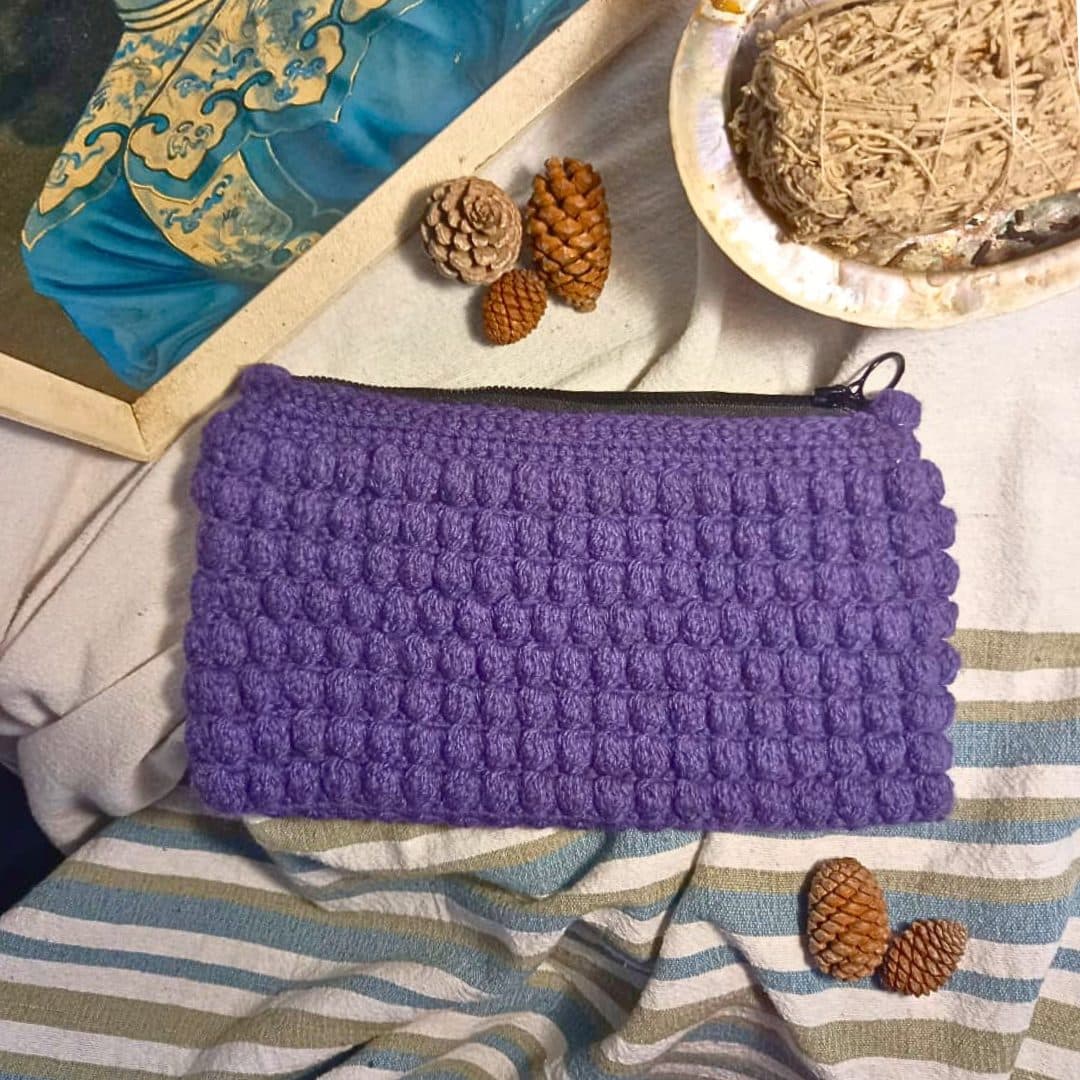 Crochet Chunky Zip Clutch / Make-Up / Toiletry Bag - Purple Tulip