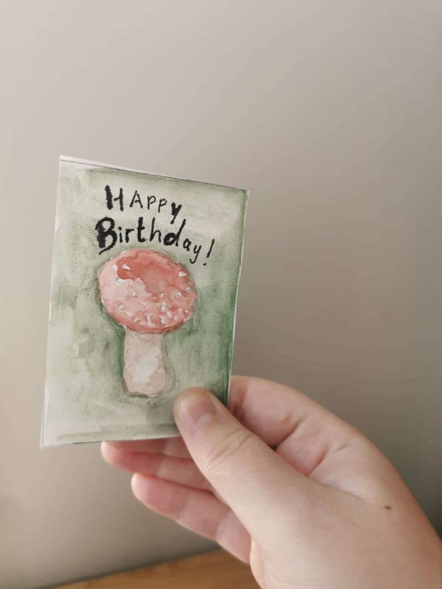 Watercolour Happy Birthday Mushroom ACEO card