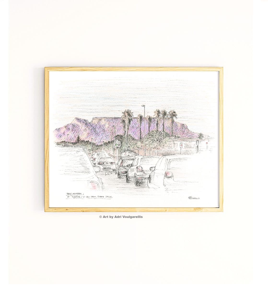 Table Mountain, Cars & Palm Trees Art Print: Landscape Ink and Color Pencil Drawing (Open Edition print)