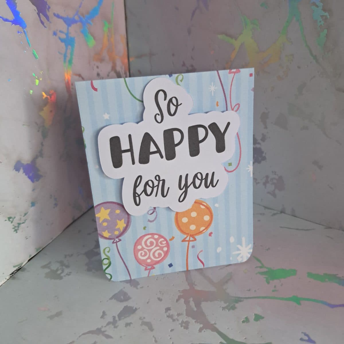 "So happy for you" mini card (blue balloon)
