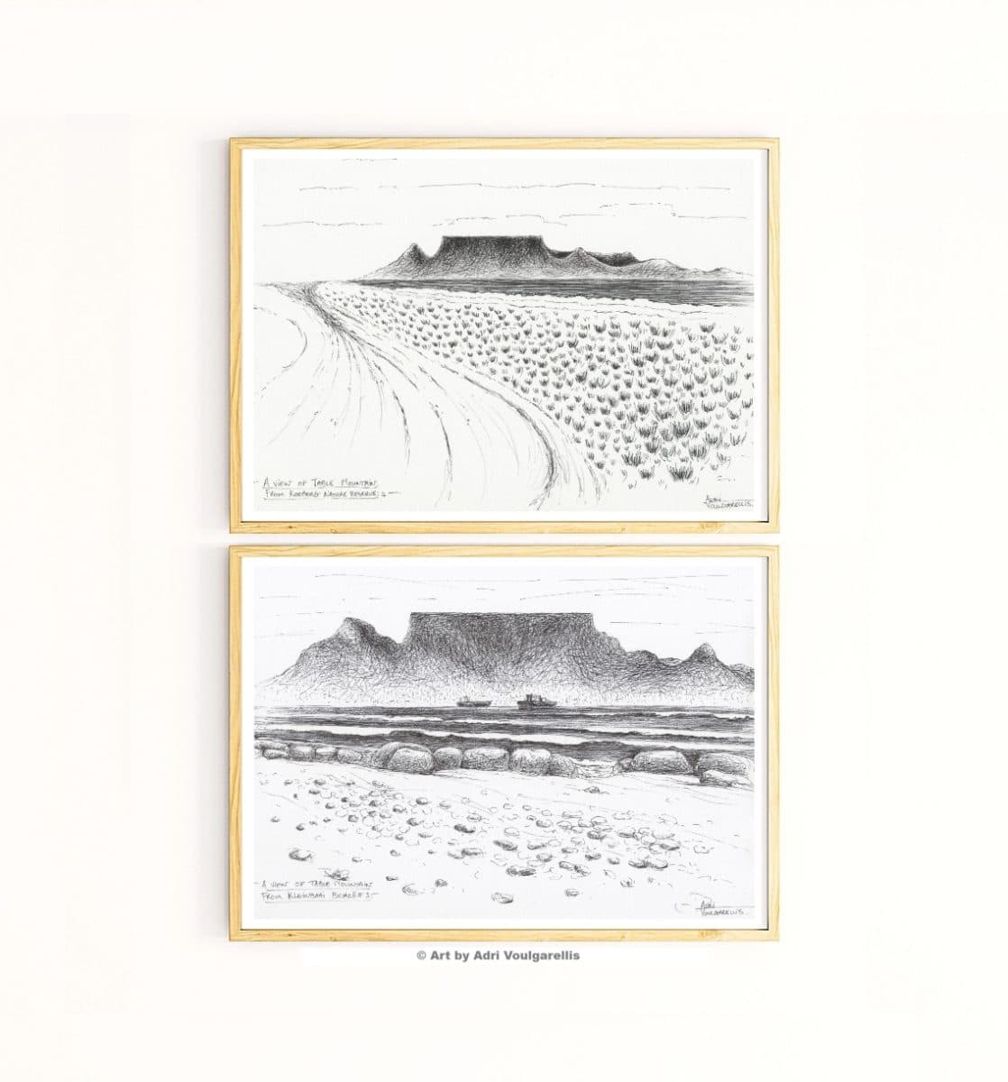 Table Mountain Art Print Set of 2: Beach Seascape Ink Pen Drawings, Wall Art / Desk Decor Gift (Open Edition prints)