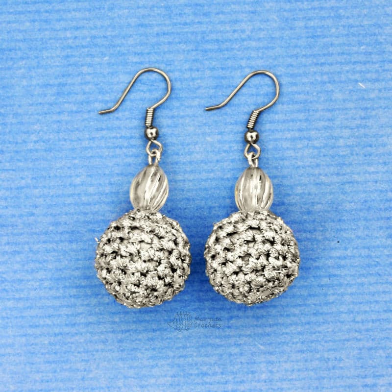 Crochet Drop Earrings 1.5cm Ball — Silver