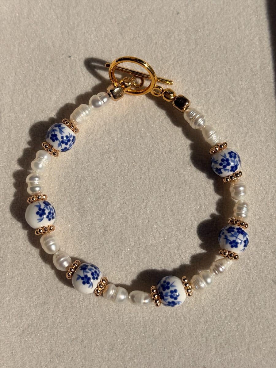 Freshwater Pearl & Blue Porcelain Bracelet