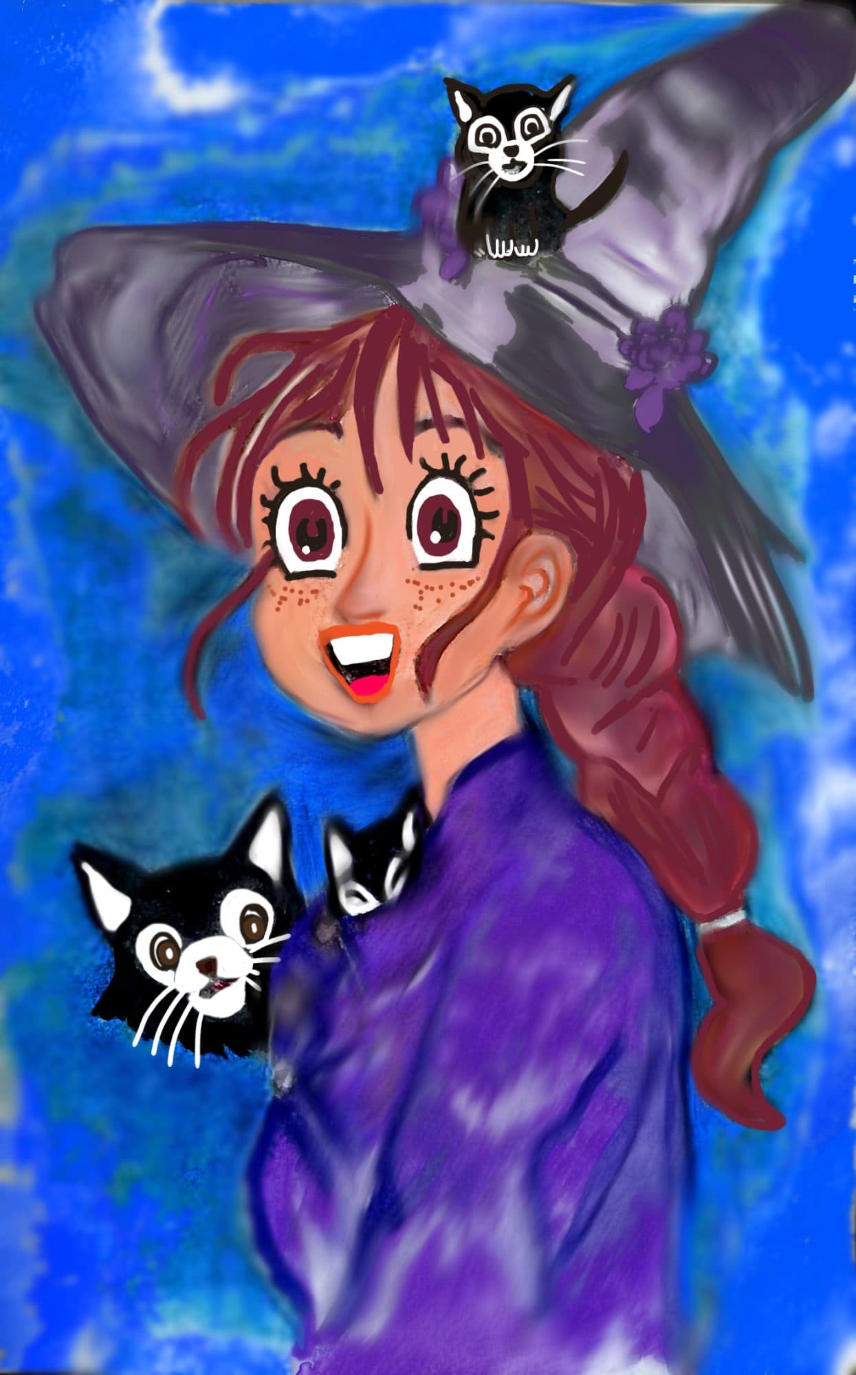 Whimsical Anime Witch & Black Cats Digital Print (A5)