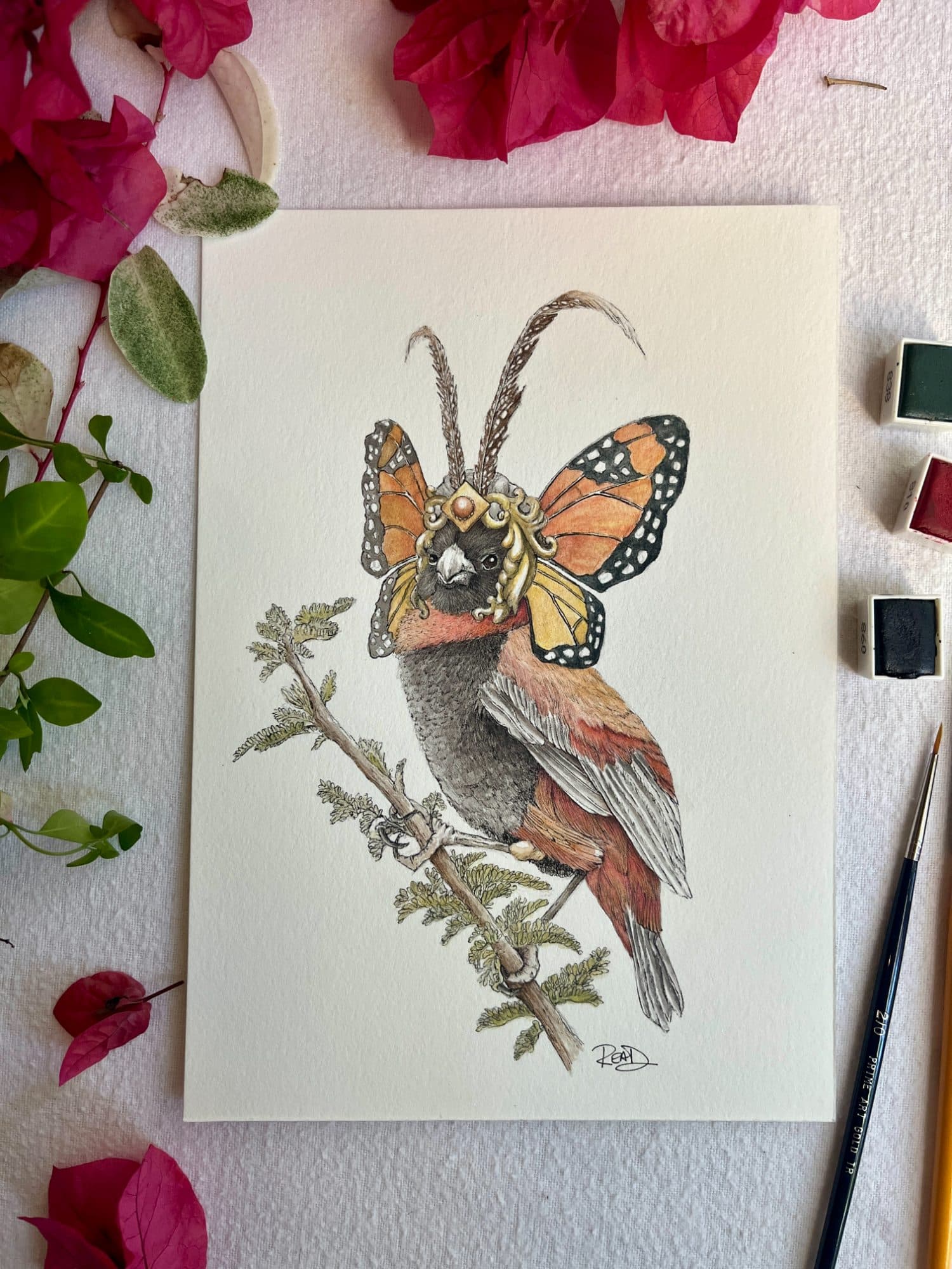 Red Bishop & Butterfly Crown 🐦 Original A5 Watercolour Painting