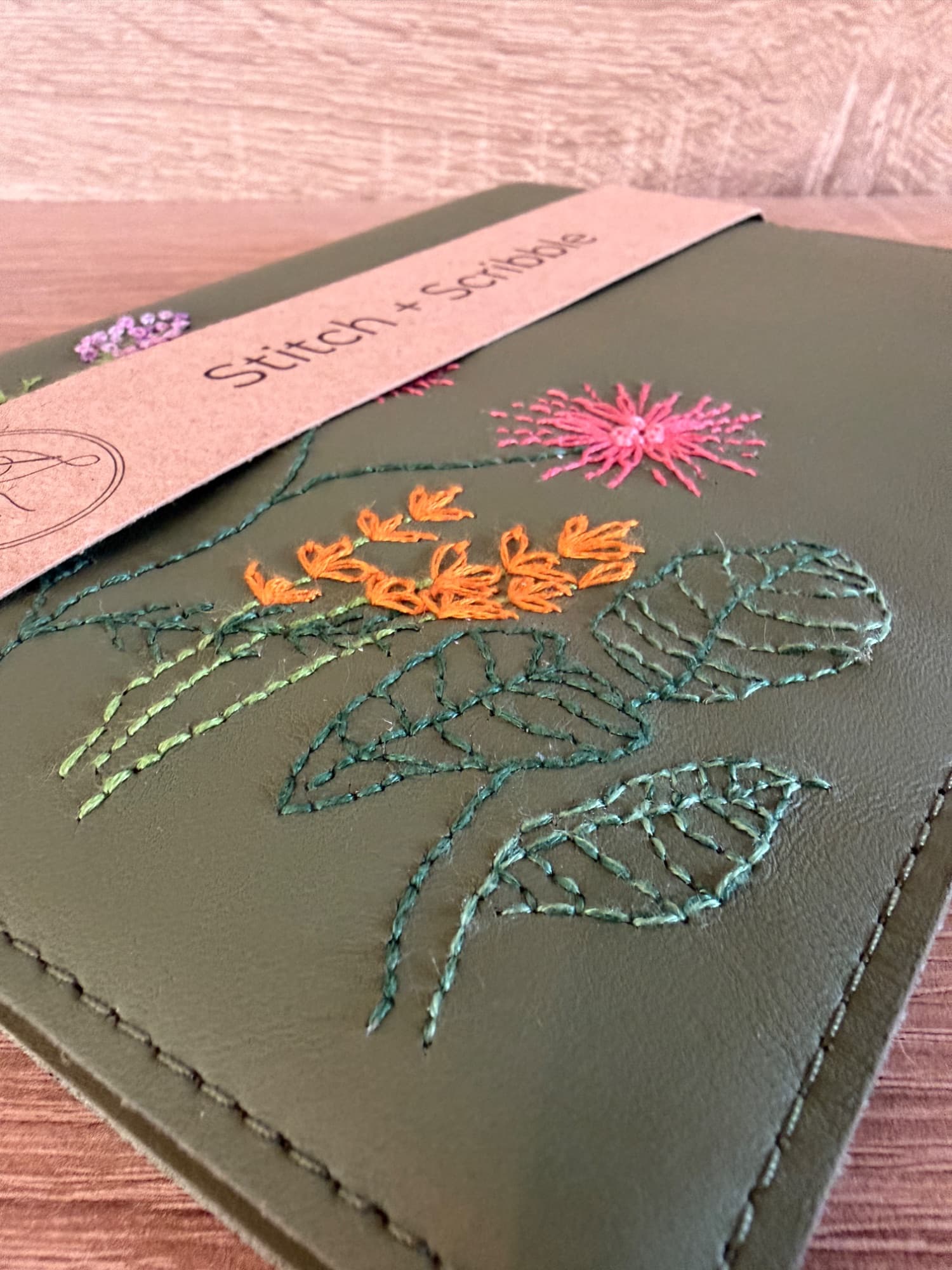 Hand Embroidered Leather Notebook - Spring Garden