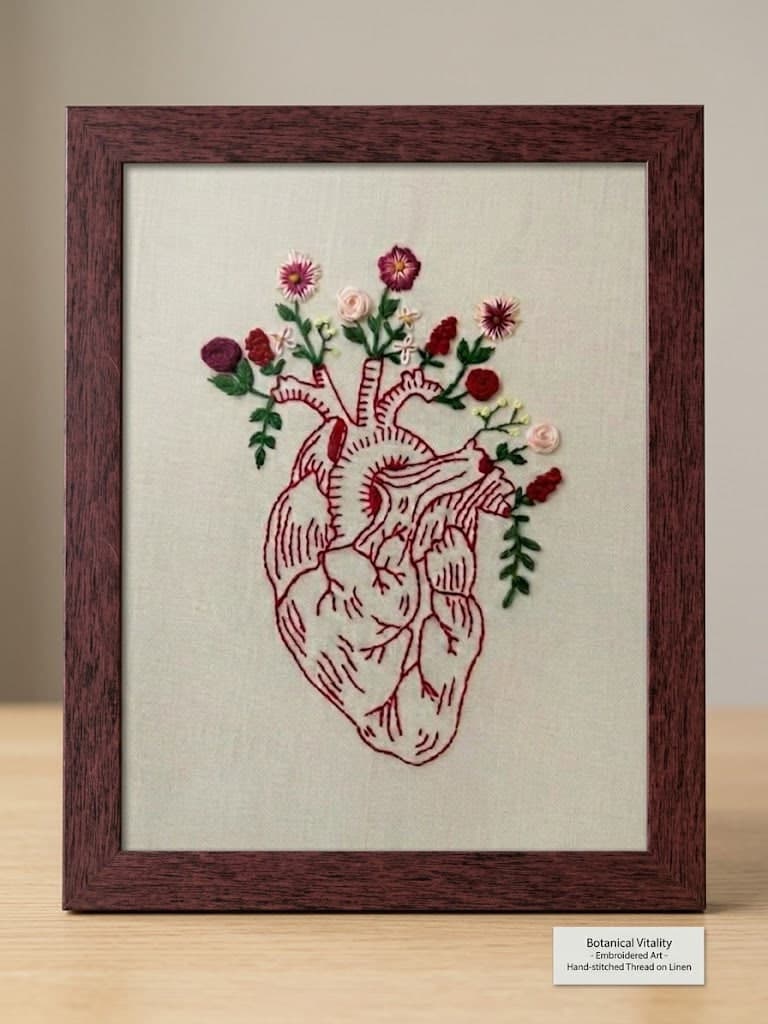 Botanical Heart Embroidery Art - Framed, A4