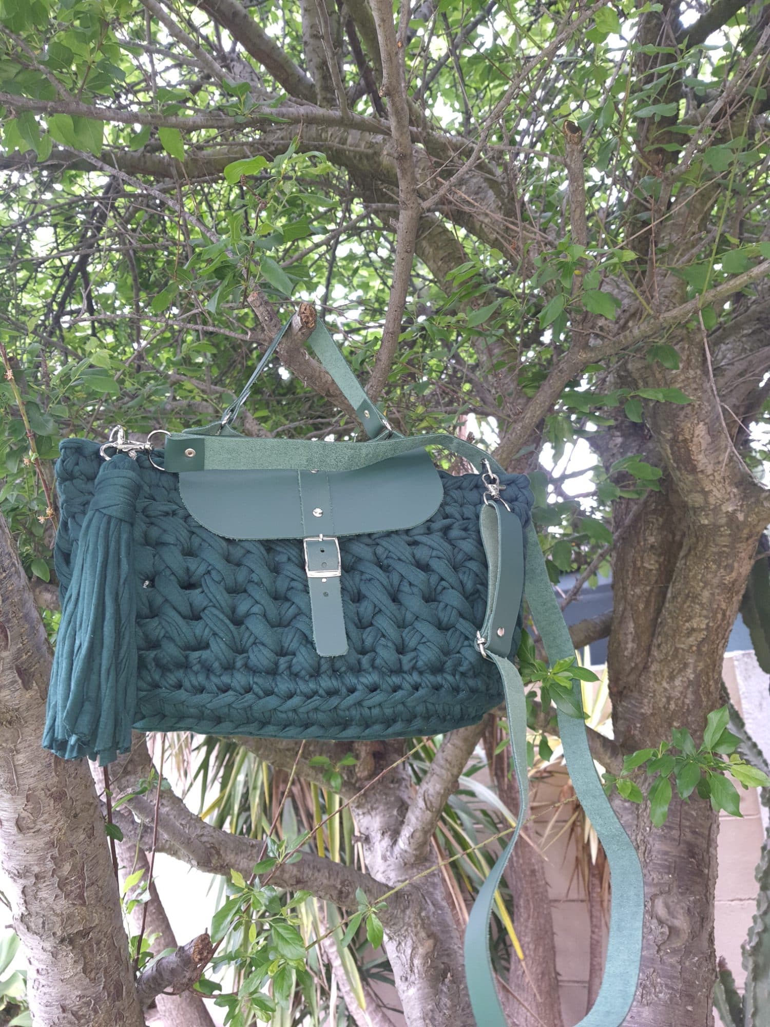 Emerald Forest Crochet Bag - Handmade T-Shirt Yarn Bag with Leather Flap & Tassel