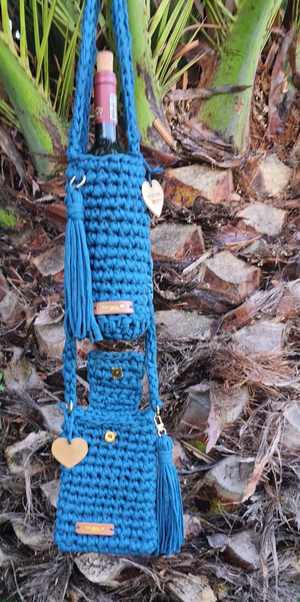 Wine Lover Gift Set - Handmade Crochet Wine Bottle Bag + Phone Pouch with Tassels - Blue