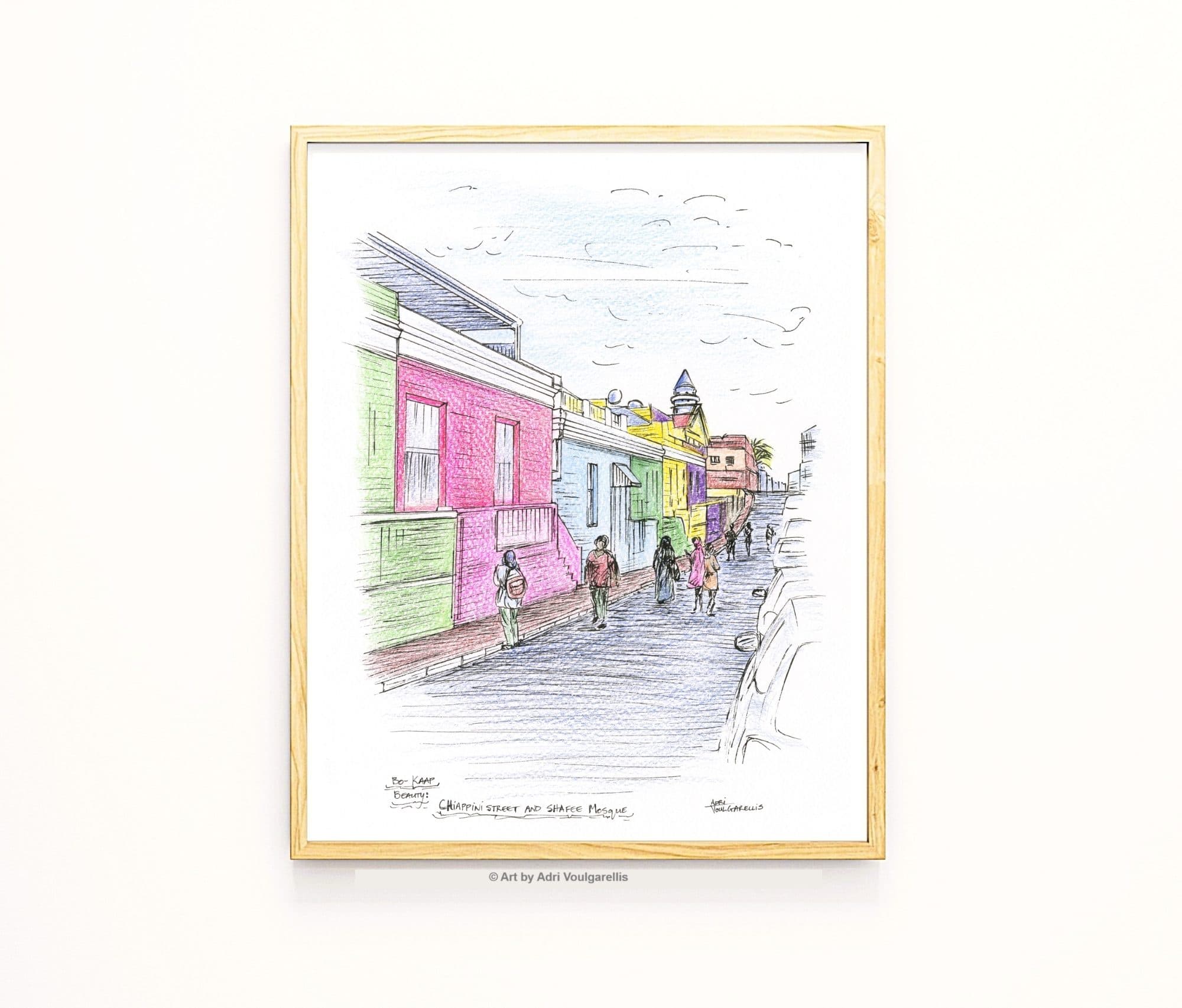 Bo Kaap Cape Town Art Print: Size A3 Colorful Ink and Pencil Cityscape Sketch Art; Chiappini st (Open Edition print)
