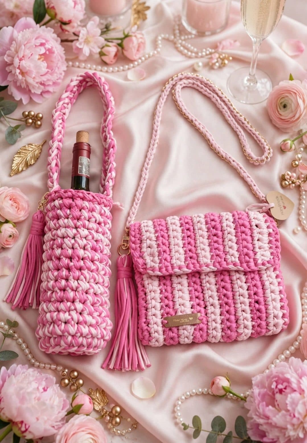 Pink Striped Set - Crochet Crossbody Bag + Wine Holder | Rosa Collection