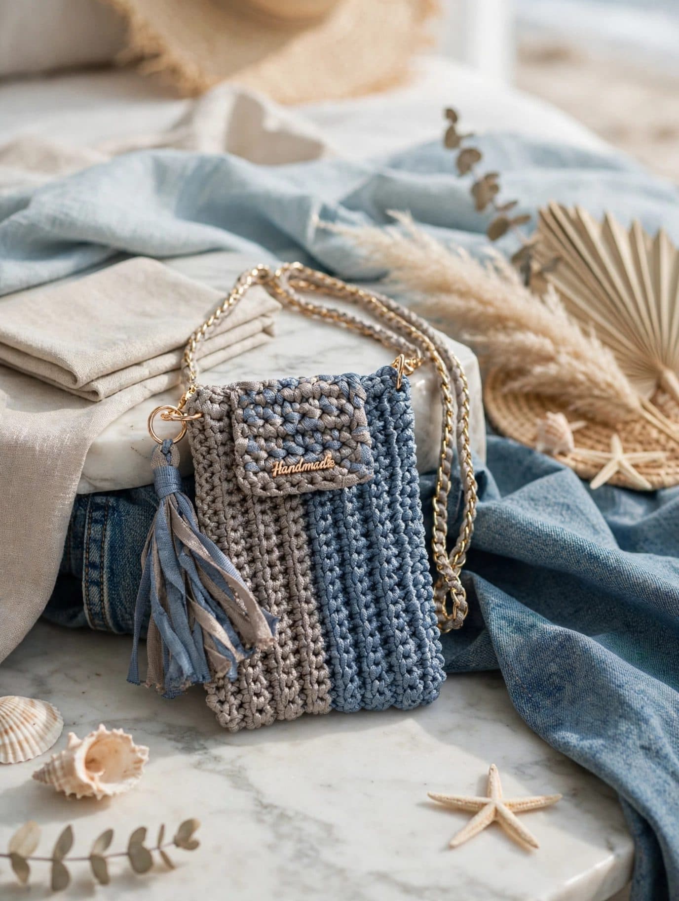 Blue & Grey Coastal Chic Mini Phone Bag with Tassel - Handmade Crochet