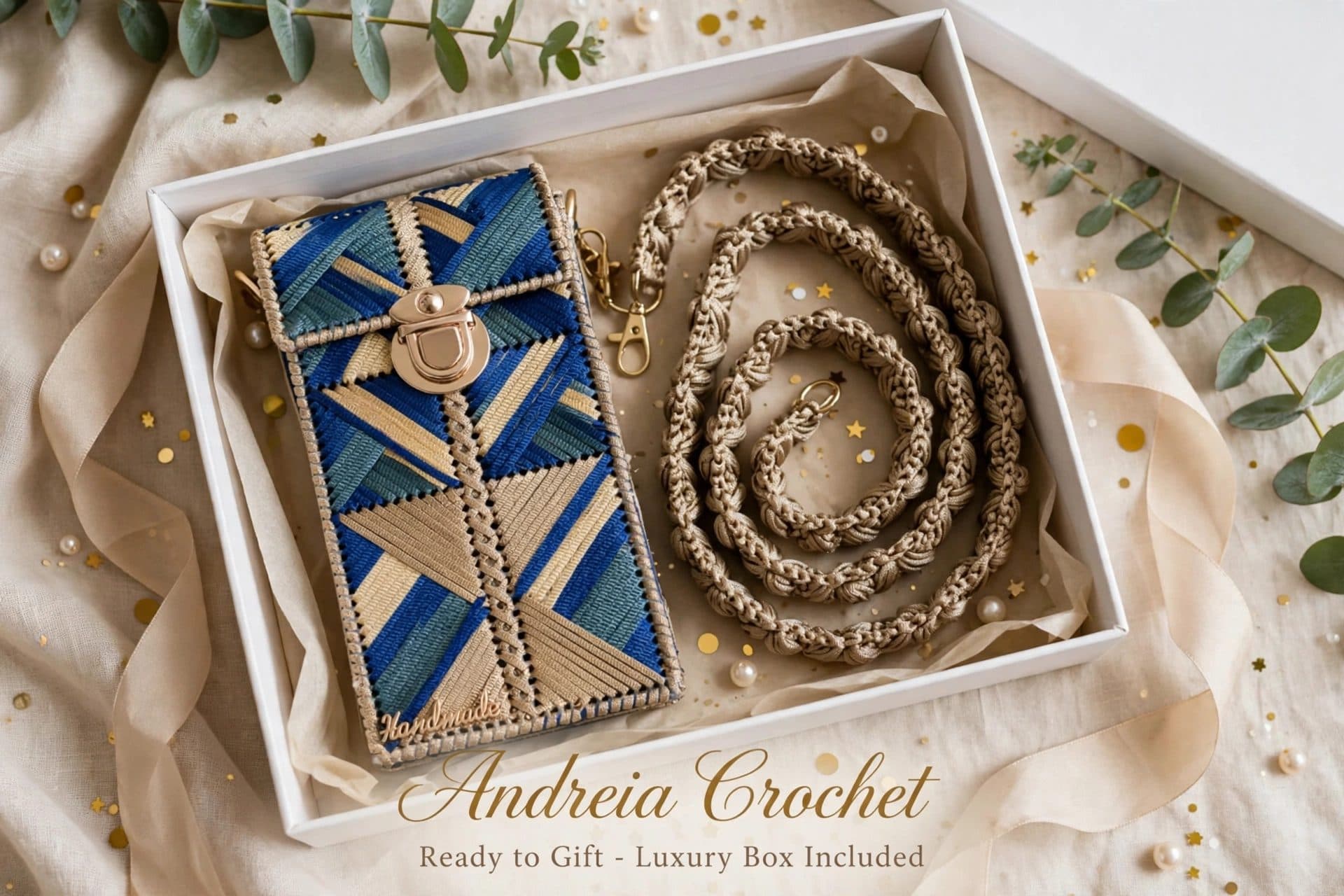 ๐ ART DECO LUXE - Limited Edition! Geometric embroidery in royal blue, teal & champagne gold with hand-crocheted strap!